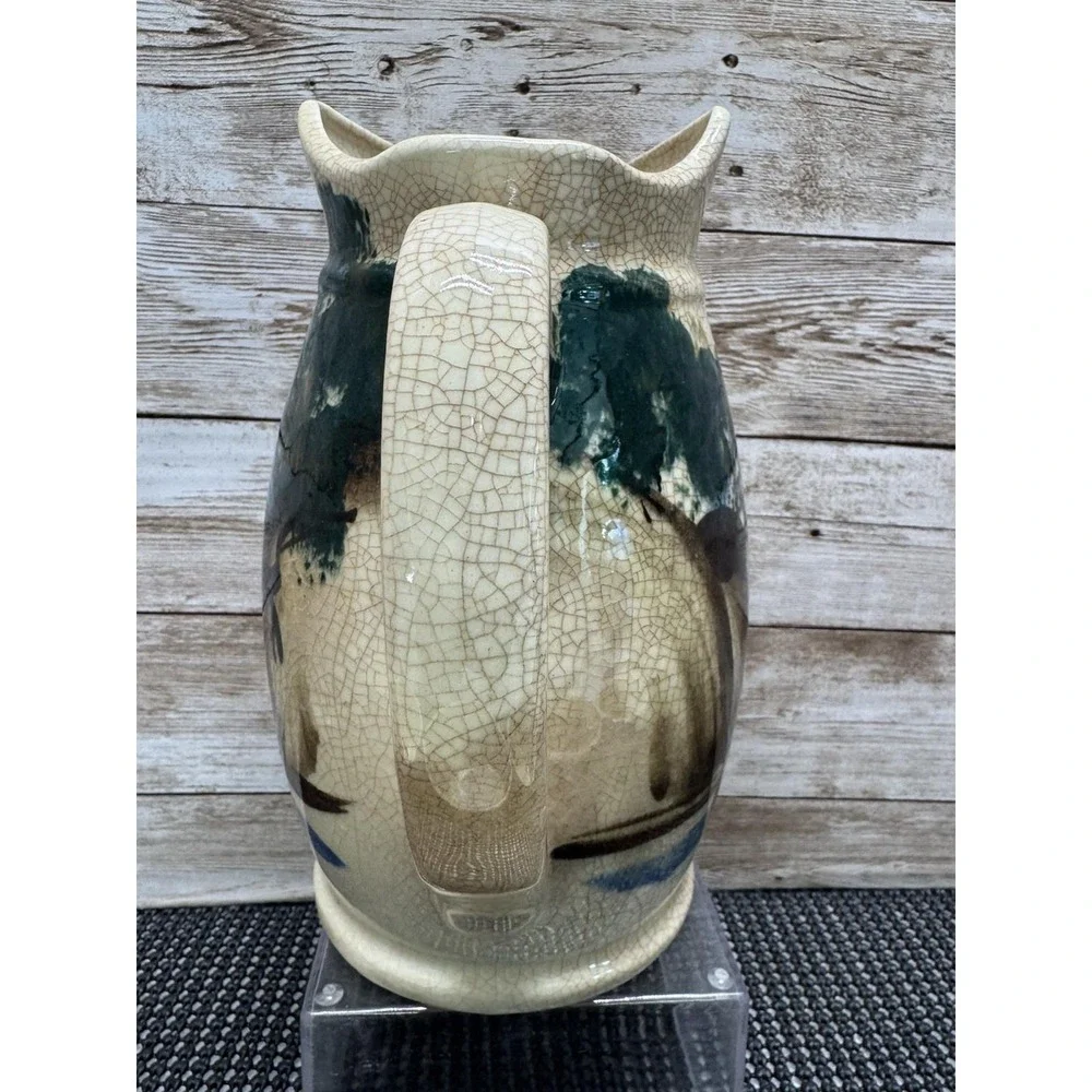 1940 Japanese Ceramic Pitcher 6 Tumbler Set Hand Painted Village Scene Showa VTG